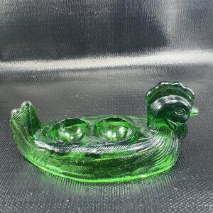 Vintage 1950 Emerald Green Glass Hen Rooster Chicken Double Egg Holder Glass VTG